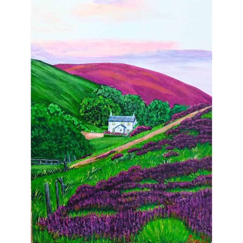 紫色花丛中的房子风景画原创壁画 作者 RinaArtSK - 墙贴/壁贴 - 其他材质 多色