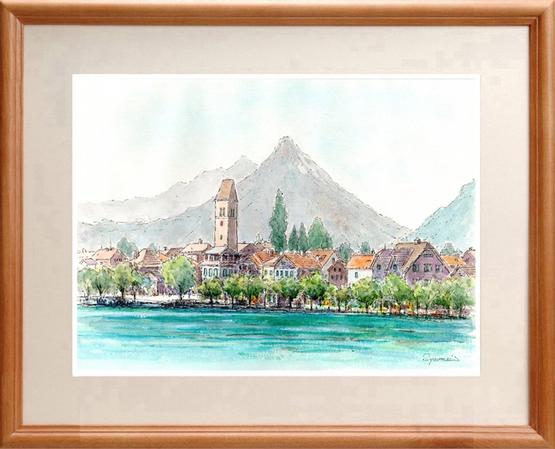 水彩画原画 夏日茵特拉根旧城区・瑞士 - 海报/装饰画/版画 - 纸 蓝色