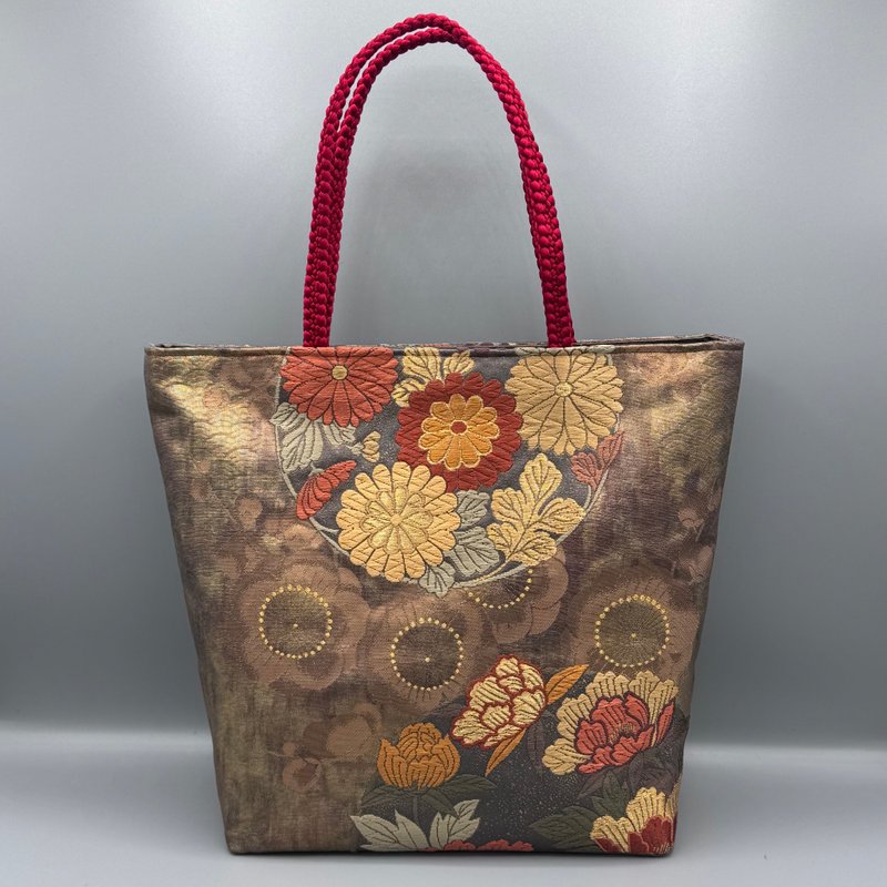 【内附底板】和服 腰带 腰带绳 手工托特包 再造 金色 花纹 六通柄袋帯 正绢 - 手提包/手提袋 - 丝．绢 金色