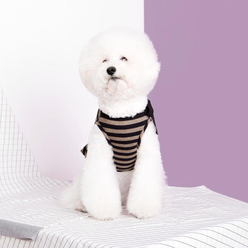 #bff 蝴蝶结连身裙_咖黑条纹 - 衣/帽 - 棉．麻 咖啡色