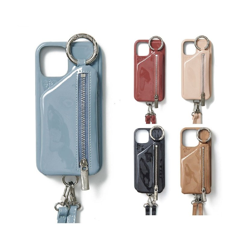 ajew patent 漆皮亮面拉链口袋手机壳(含背带) - 手机壳/手机套 - 人造皮革 蓝色