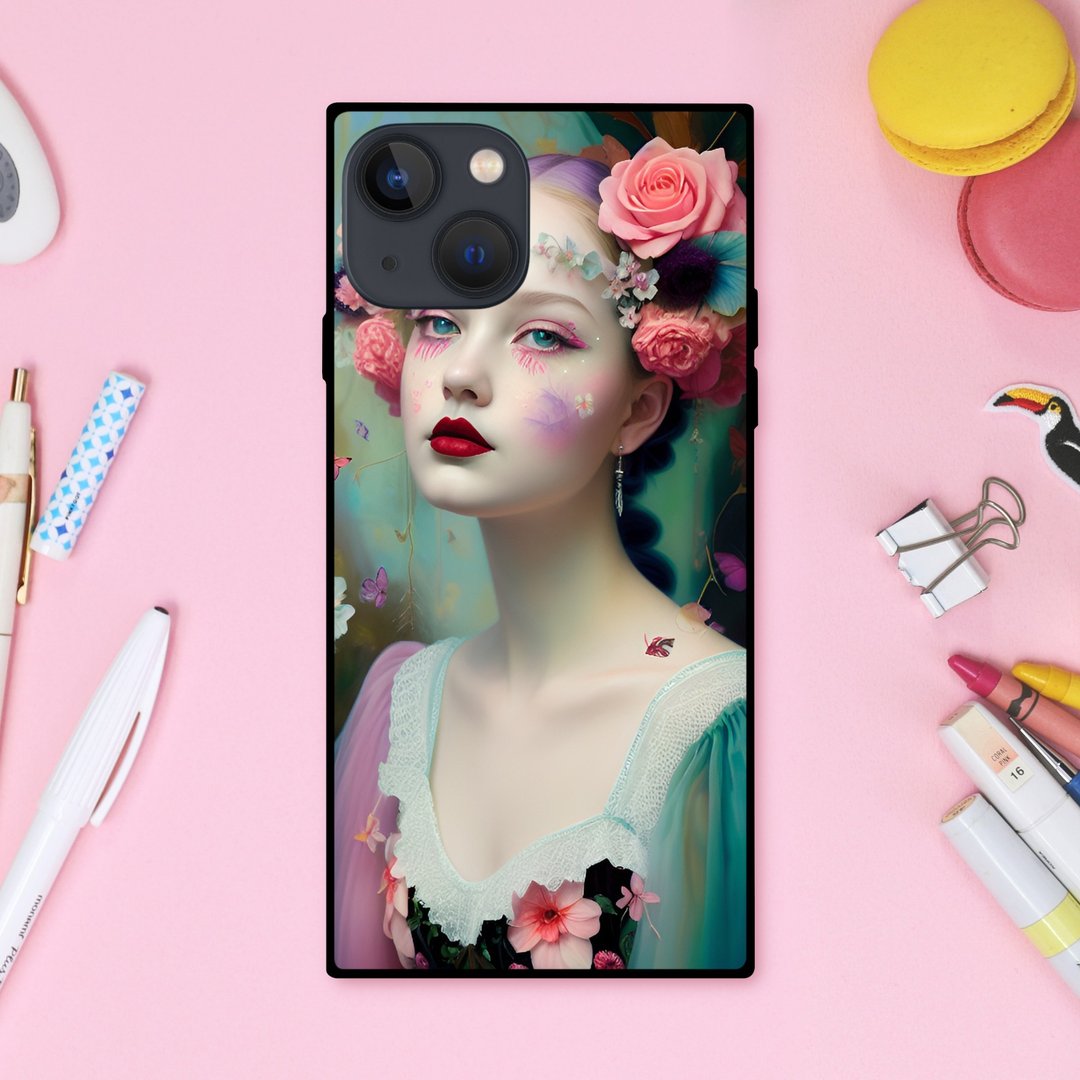 柔和色彩描绘梦幻“Yume Kawaii”女孩与花蝶 方形手机壳【强化玻璃处理】iPhone16 适用 - 手机壳/手机套 - 塑料 多色