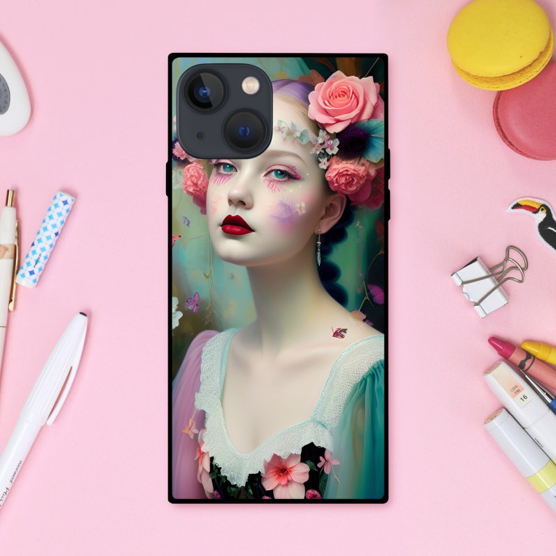柔和色彩描绘梦幻“Yume Kawaii”女孩与花蝶 方形手机壳【强化玻璃处理】iPhone16 适用 - 手机壳/手机套 - 塑料 多色