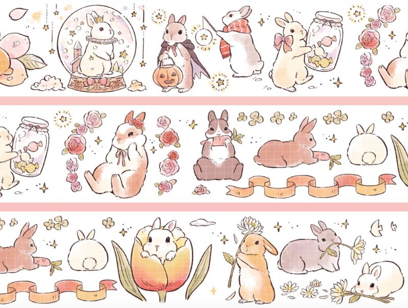 绵绵兔的世纪花园 PET 和纸胶带 台灣大年/自己印 10米卷 - 纸胶带 - 其他材质 粉红色