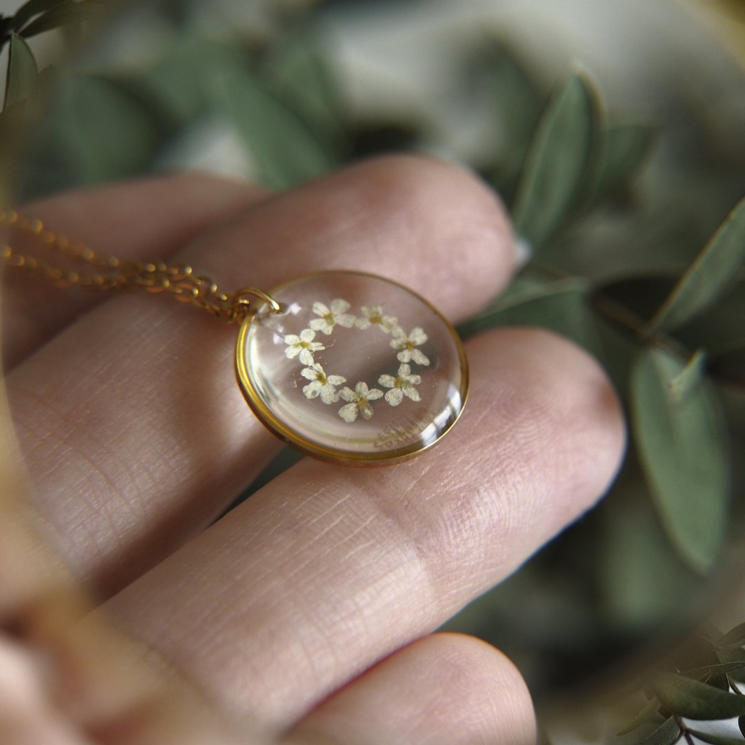 Pressed flower necklace, Real flower necklace, Dry flower steel necklace - 项链 - 植物．花 金色