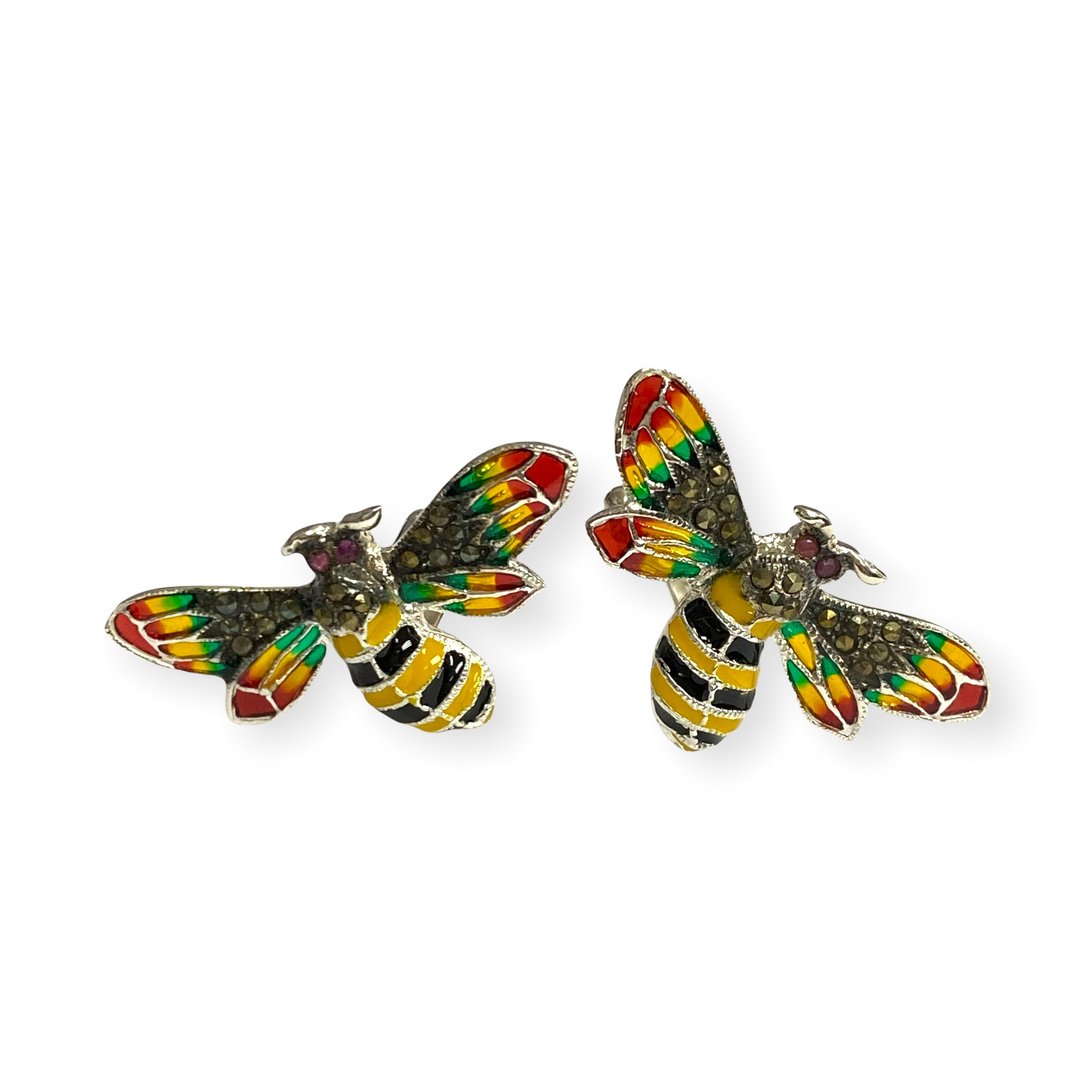 Art Nouveau Plique A Jour Bee with Ruby Cufflinks 925 Sterling Silver Mens Gift - 袖扣 - 纯银 