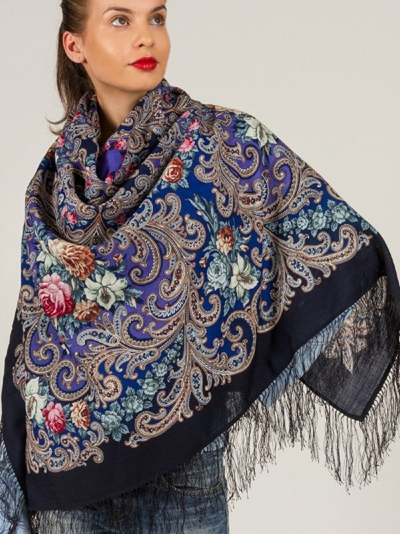 Pavlovo Posad 俄罗斯披肩 100% 羊毛围巾 125x125 厘米包裹式丝绸流苏 1437-14 - 围巾/披肩 - 羊毛 蓝色