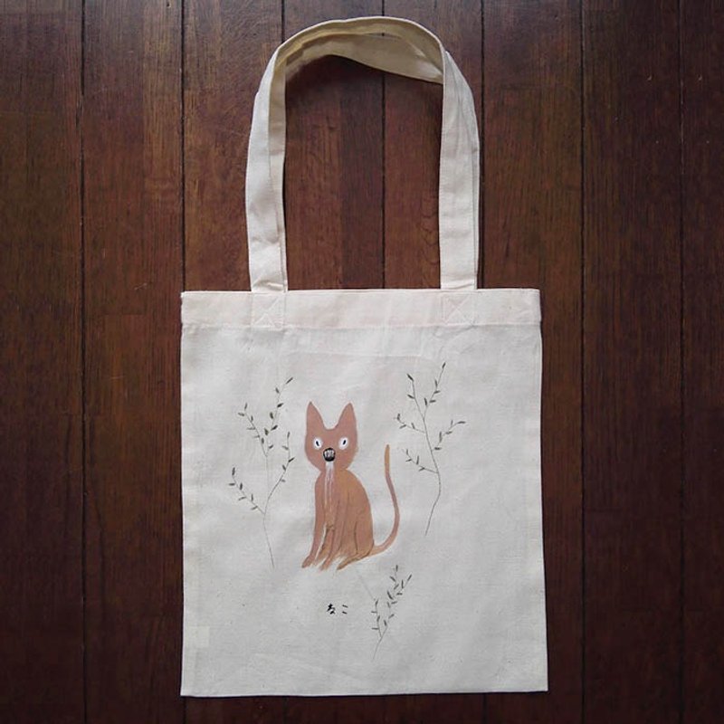 Hand-painted one-of-a-kind item, cotton bag, cat illustration - 侧背包/斜挎包 - 棉．麻 白色