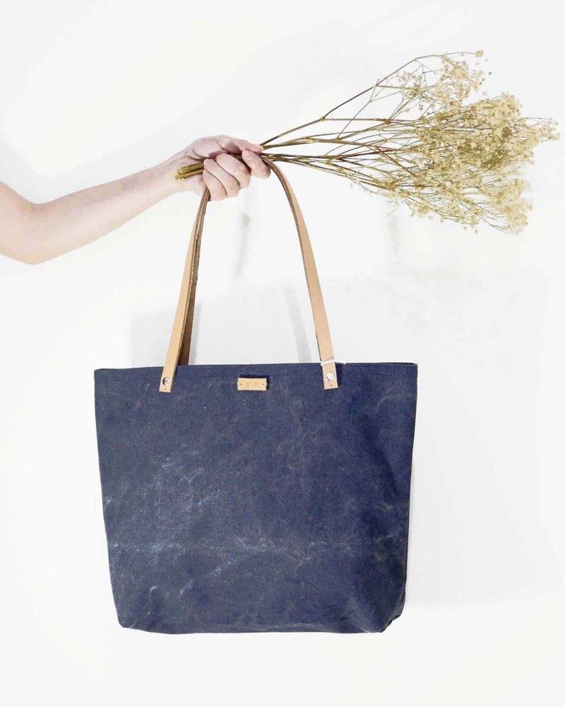 和风帆布极简托特手提包 帆布包  - 牛皮革带中包 #39深牛仔蓝 - 手提包/手提袋 - 棉．麻 蓝色