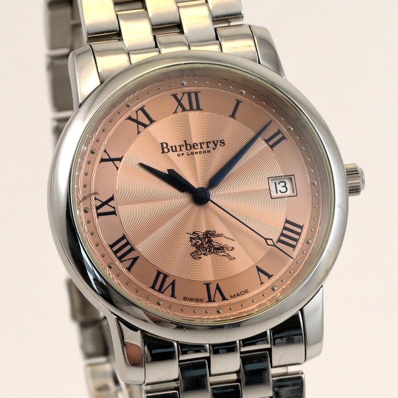 Burberrys 巴宝莉 男款石英腕表 12000G 粉棕色表盘 马标 罗马数字 时标 日期显示 手表 古董表 - 男表/中性表 - 不锈钢 