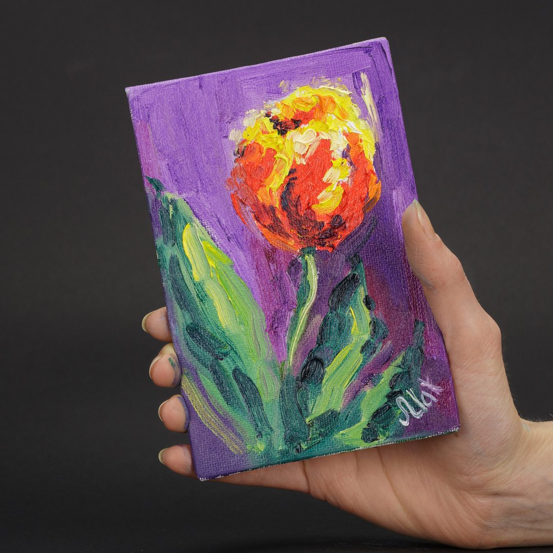 Tulip Oil Painting Small Flower Original Art Impasto Canvas Painting Tiny Art - 海报/装饰画/版画 - 其他材质 白色