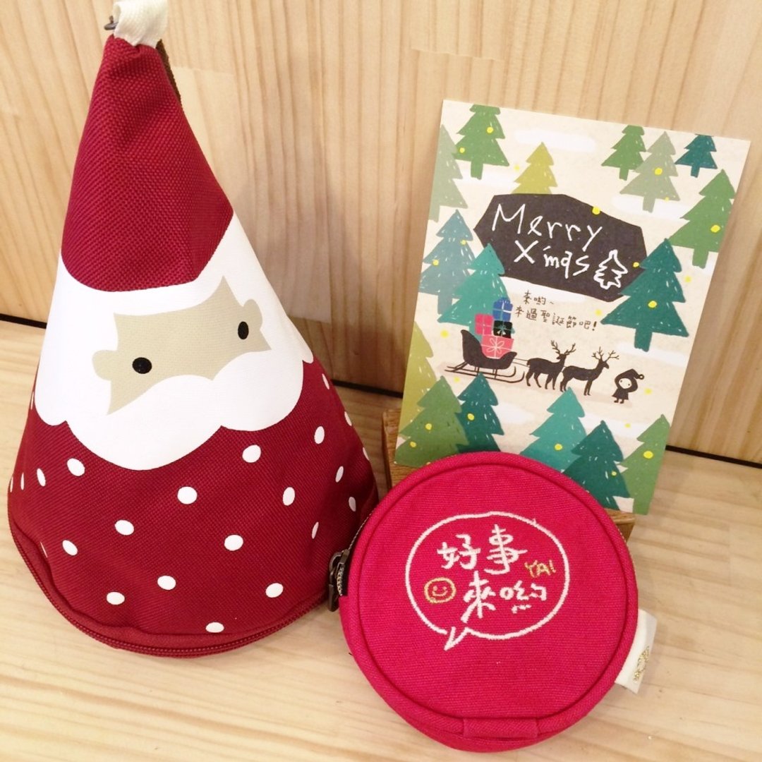 layoo 来哟│圣诞礼物 耶诞老公公防水提袋+好事来哟 许愿 开运 祝福 零钱包-桃红 - 零钱包 - 棉 红色