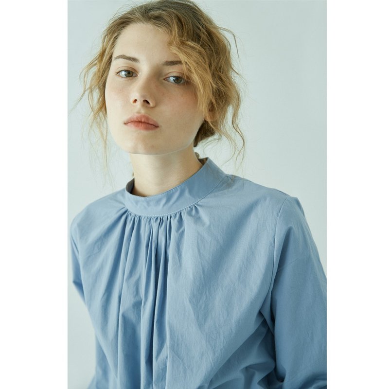 灰蓝色全棉抽褶衬衫 - 女装衬衫 - 棉．麻 蓝色