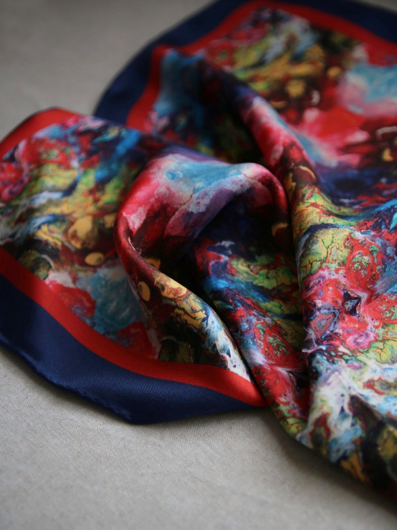 【烟花 Firework II】真丝方巾 Silk Scarf 50cm 手工卷边 - 丝巾 - 丝．绢 蓝色
