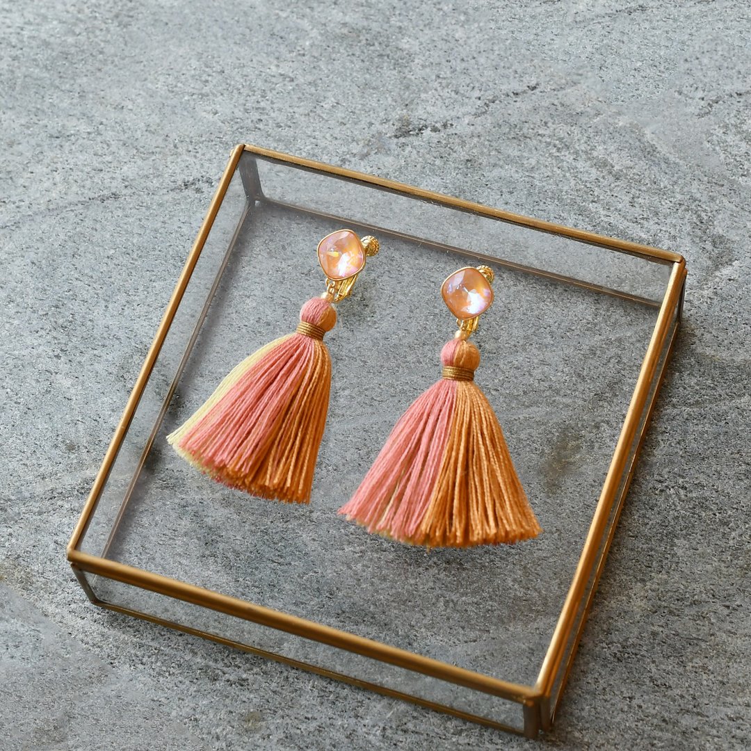 Crystal Tassel Earrings /  Sunset Beach - 耳环/耳夹 - 玻璃 橘色