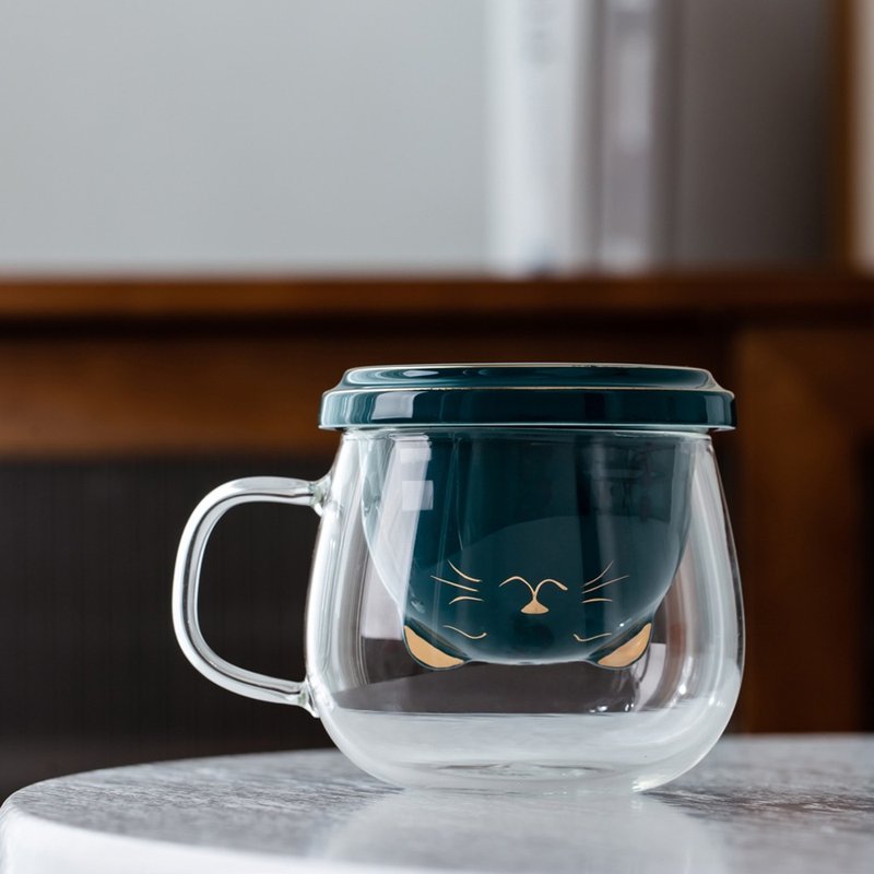 【无用日常】可爱猫咪/泡茶杯/耐热玻璃杯/茶水分离杯/泡茶器 - 茶具/茶杯 - 玻璃 绿色