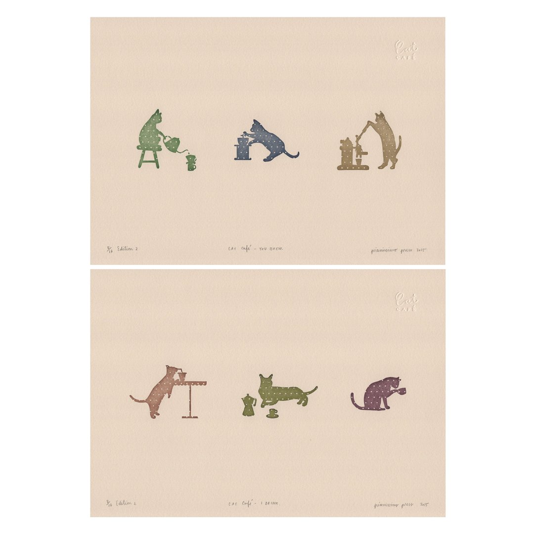 You Brew and I Drink CAT CAFE - Set of 2 Letterpress Prints - Edition of 16 sets - 海报/装饰画/版画 - 纸 白色