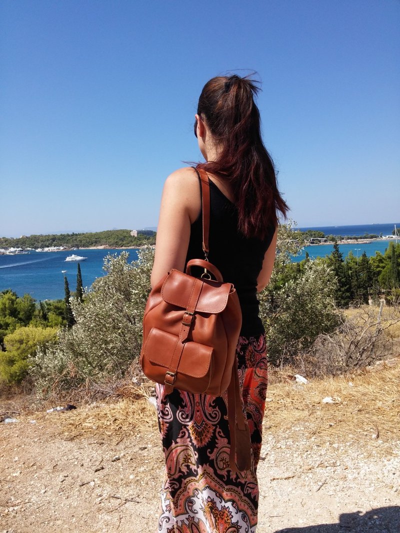 Leather Backpack for Women, Full Grain Leather Rucksack, Medium Size Women Bag - 后背包/双肩包 - 真皮 咖啡色