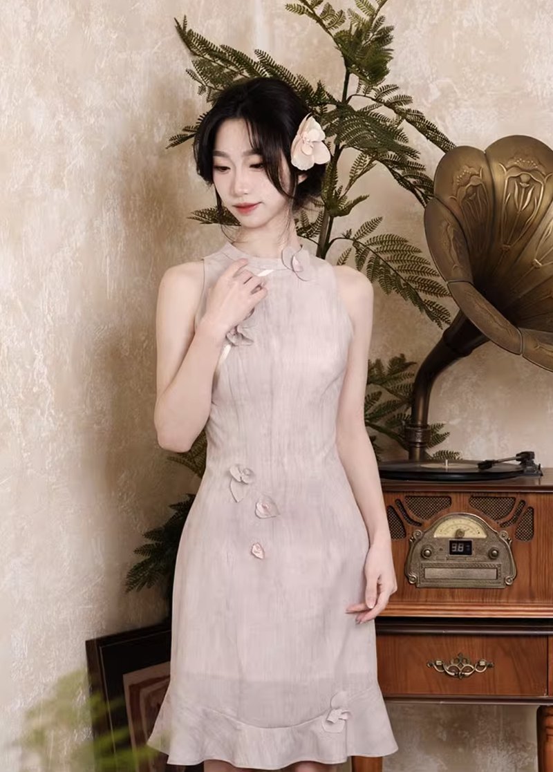 蝶兰2 艺术感蝴蝶兰旗袍连身裙 手工製 - 洋装/连衣裙 - 其他材质 粉红色