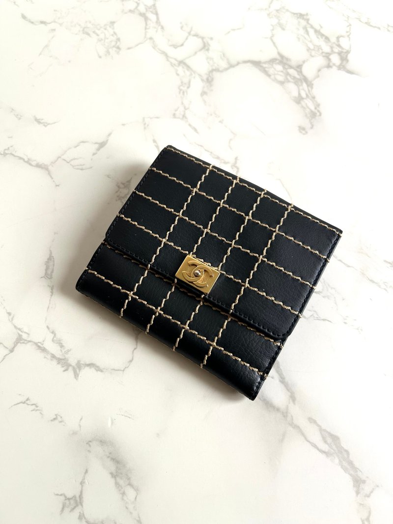 稀有中古二手Chanel黑色外缝线金扣皮革短夹银包钱包中古包古董包 - 皮夹/钱包 - 真皮 黑色