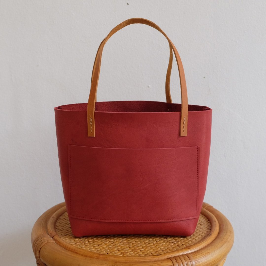 Mini Raw Leather Tote Bag - 手提包/手提袋 - 真皮 红色