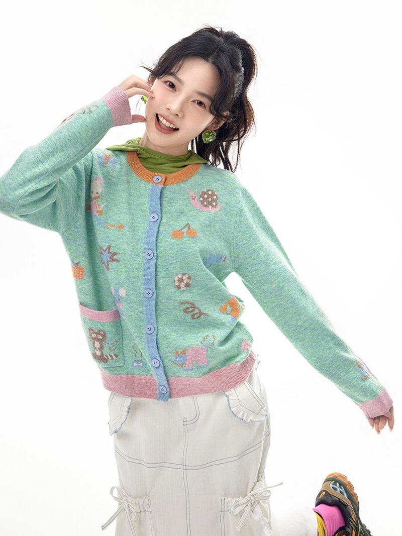 蓝绿混色小动物针织毛衣开衫童趣可爱 - 女装上衣 - 其他材质 多色