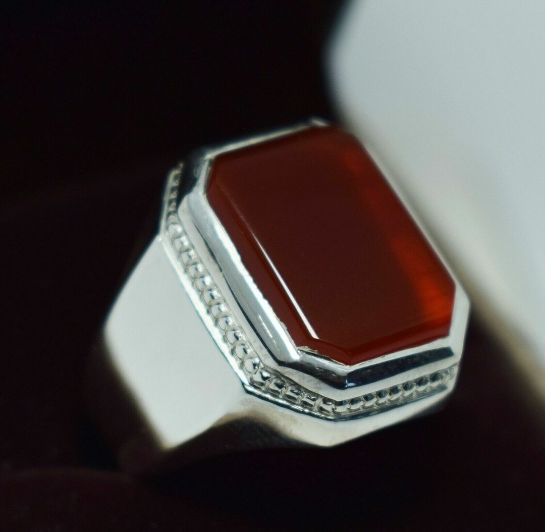 Aqeeq 戒指 Akik Aqiq 也门Aqeeq 红棕色玛瑙宝石 Bague 手工戒指 - 戒指 - 宝石 红色