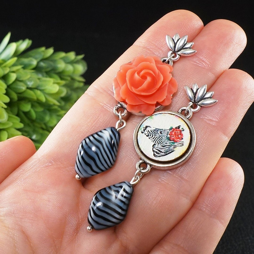 Pink Rose Zebra Black and White Striped Animal Print Mismatched Earrings Jewelry - 耳环/耳夹 - 其他材质 粉红色