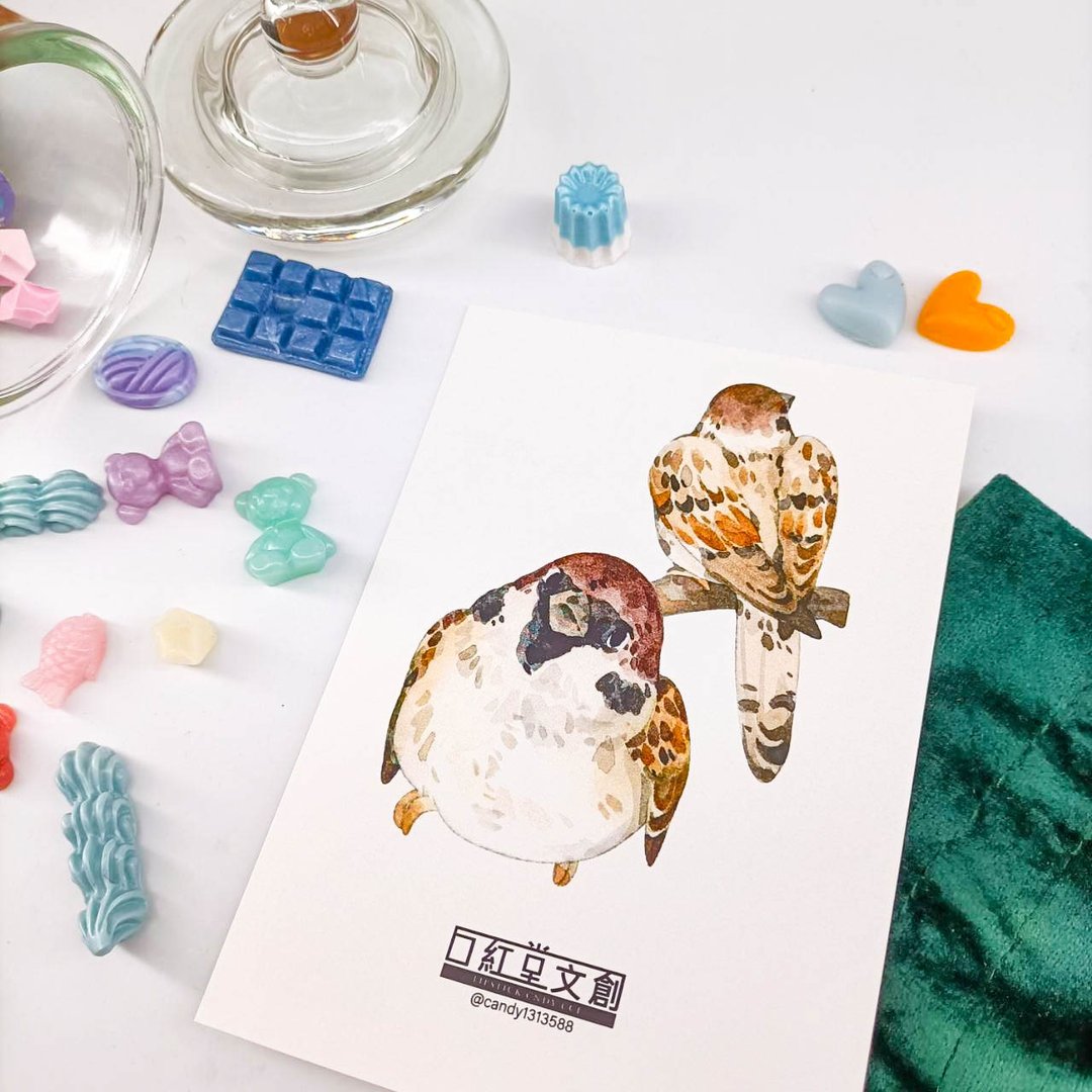 KR474_口紅堂明信片_麻雀12_candy1313588 postcard - 卡片/明信片 - 纸 多色
