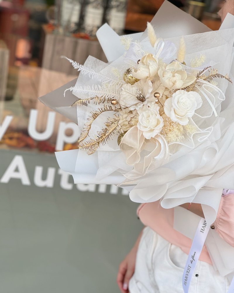 白金永生玫瑰花束-情人节花束/求婚花束/告白花束/生日花束/圣诞 - 干燥花/捧花 - 植物．花 白色