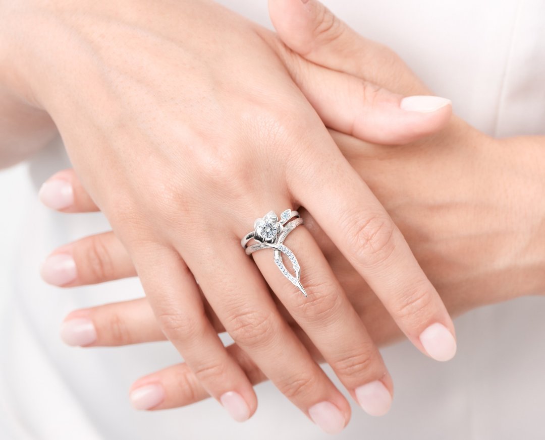 莫桑石14k钻石订婚结婚戒指套装 花卉白金戒指组合 兰花藤蔓戒指 - 戒指 - 贵金属 银色