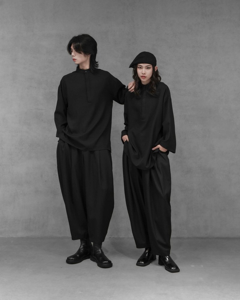 MUKK DESIGN 隐藏半扣七分袖衬衫 - 男装衬衫 - 聚酯纤维 黑色