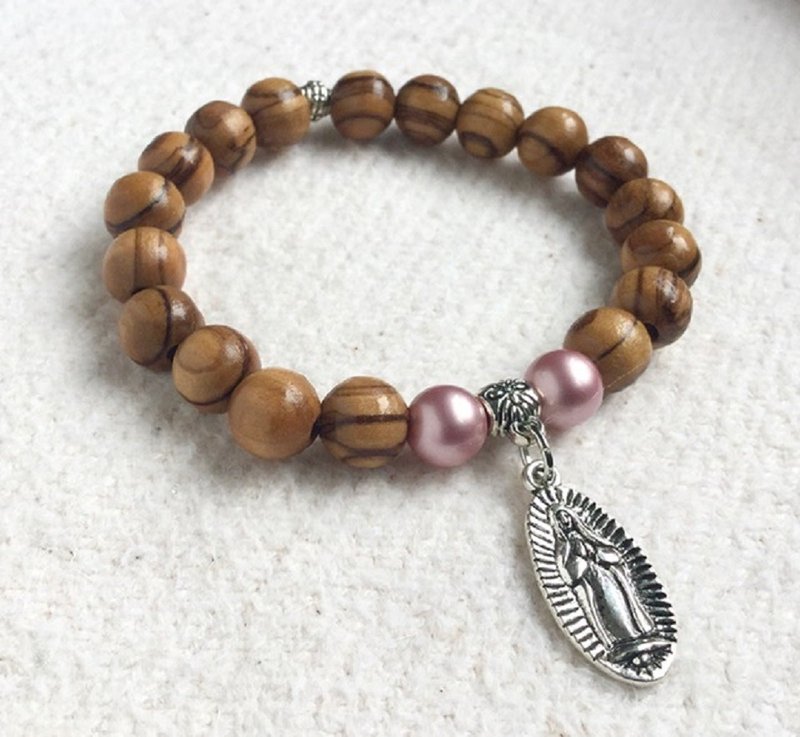 手链 进口8mm橄榄木珠和施华洛世奇粉紫水晶珍珠搭配圣牌8250840 - 手链/手环 - 木头 咖啡色