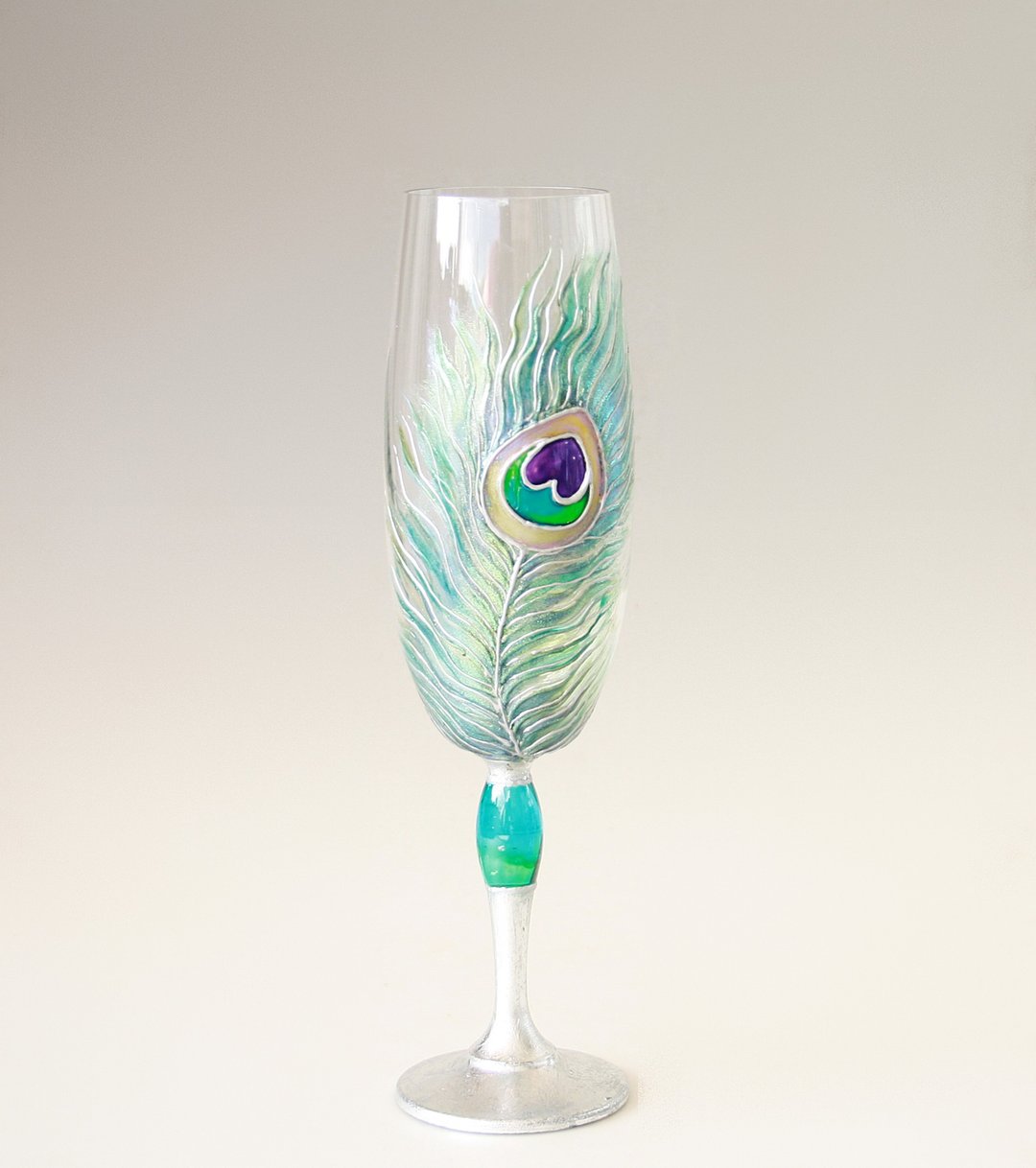 Peacock Feather Champagne Wine Glass, Hand-painted - 酒杯/酒器 - 玻璃 蓝色