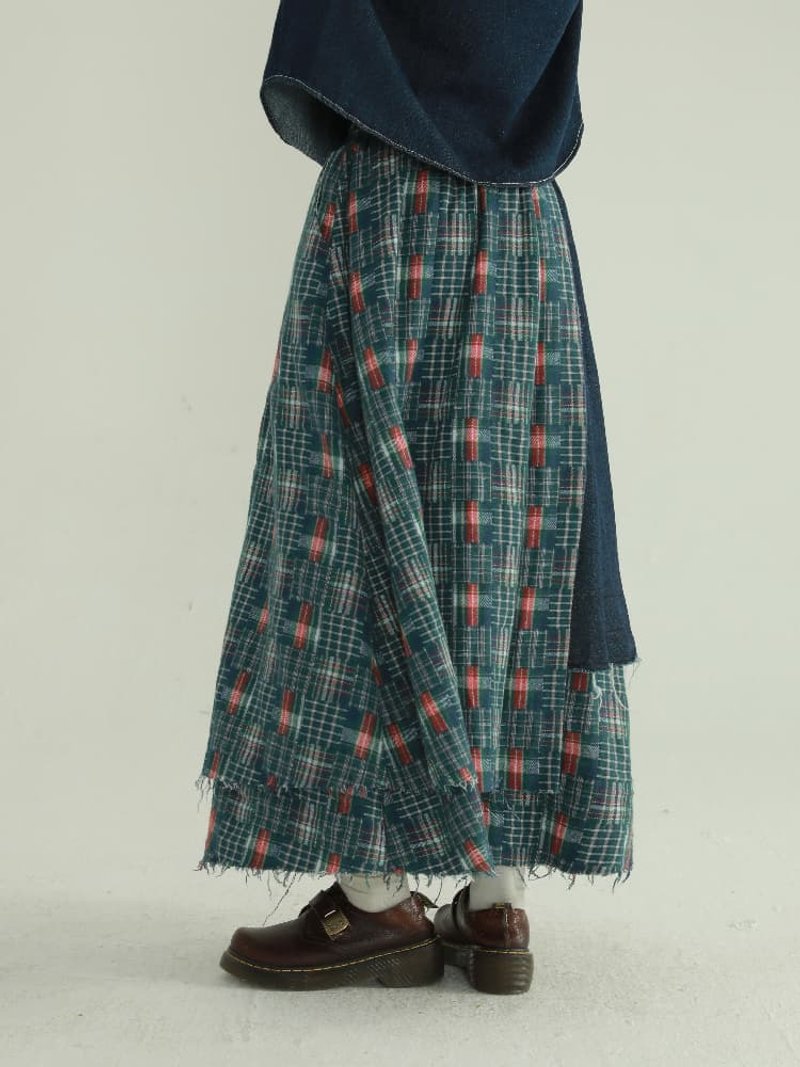 牛仔不規則拼接格子裙 日系文藝復古高腰百搭長裙 - 裙子 - 棉．麻 蓝色