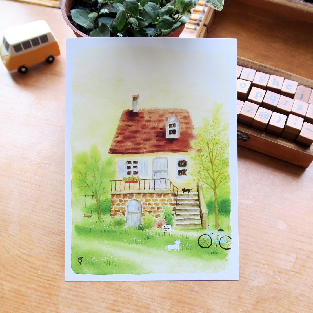 梦想小屋no.15 小坡上有秋千的小屋 明信片 - 卡片/明信片 - 纸 绿色