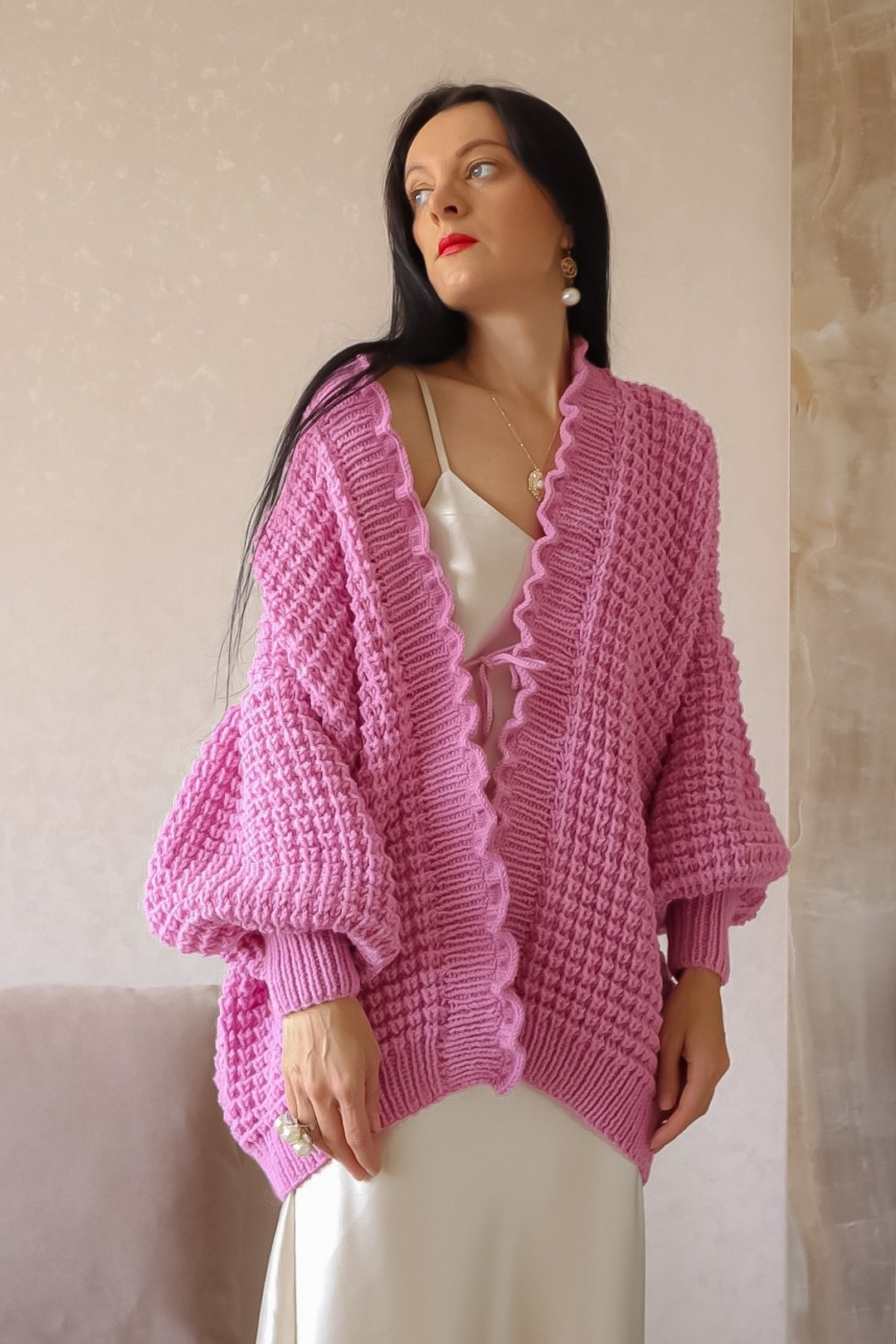 Front ruffled waffle knit cardigan for women Puff sleeve oversize sweater jacket - 女装针织衫/毛衣 - 羊毛 