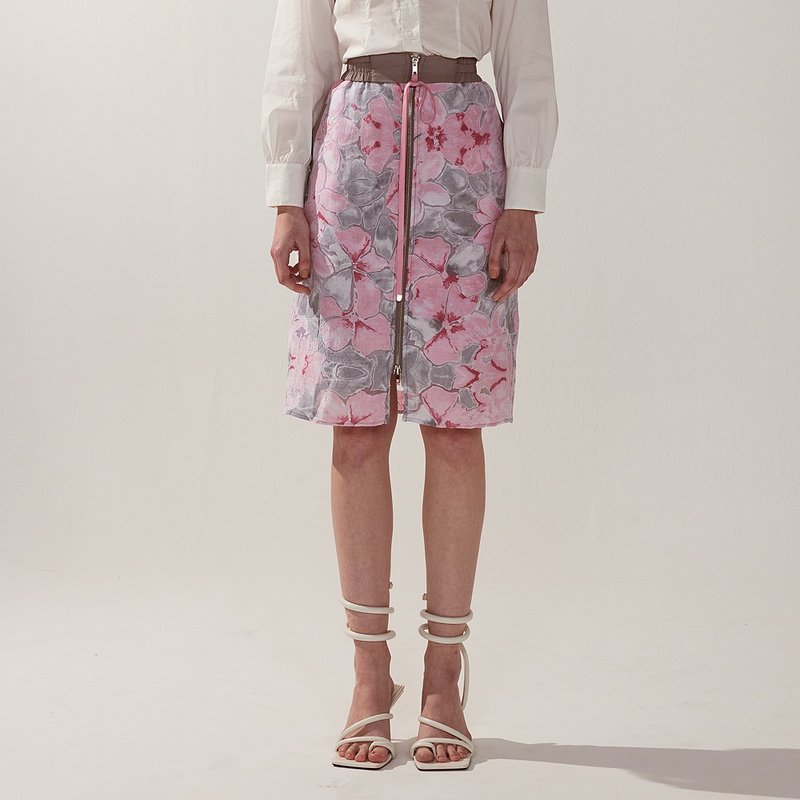 AVVJOY | 質感灰線條花朵印花及膝裙 - 裙子 - 其他材质 