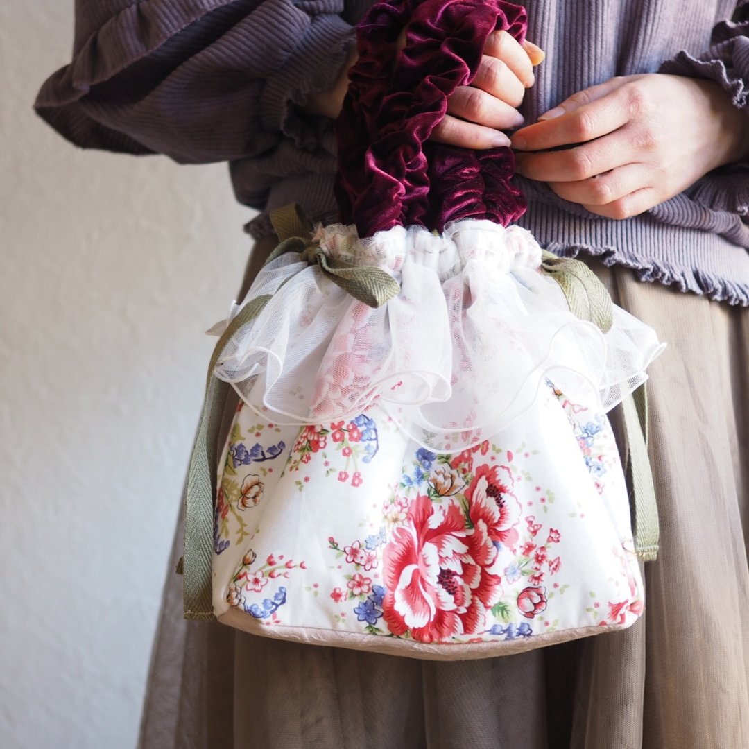 Taiwan floral pattern x fluffy lace 3way drawstring bag (one piece work / free shipping) - 手提包/手提袋 - 棉．麻 白色