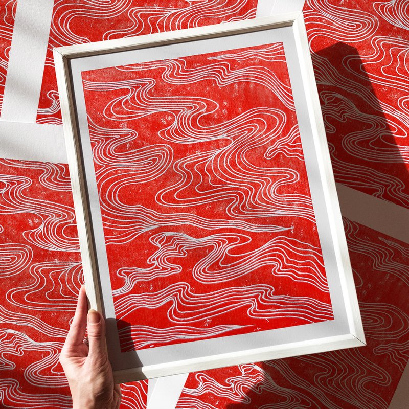 红色抽象日式云纹线版画 现代居家 当代家居 礼品 - 墙贴/壁贴 - 纸 红色