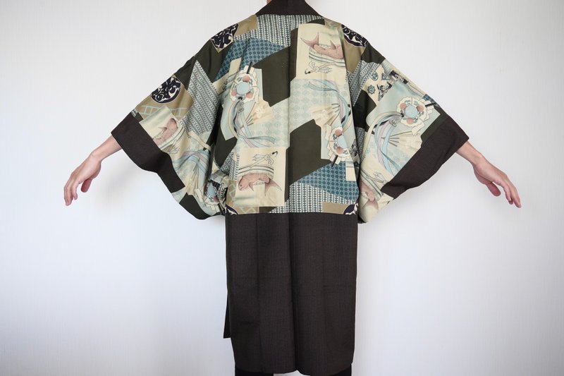 Japanese KIMONO, mens kimono, samurai haori, authentic kimono, traditional - 男装外套 - 丝．绢 咖啡色