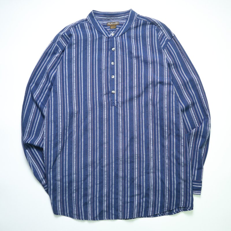 富士鸟古着 蓝灰条纹渔夫衬衫 工作服 古着衬衫 - 男装上衣/T 恤 - 棉．麻 蓝色