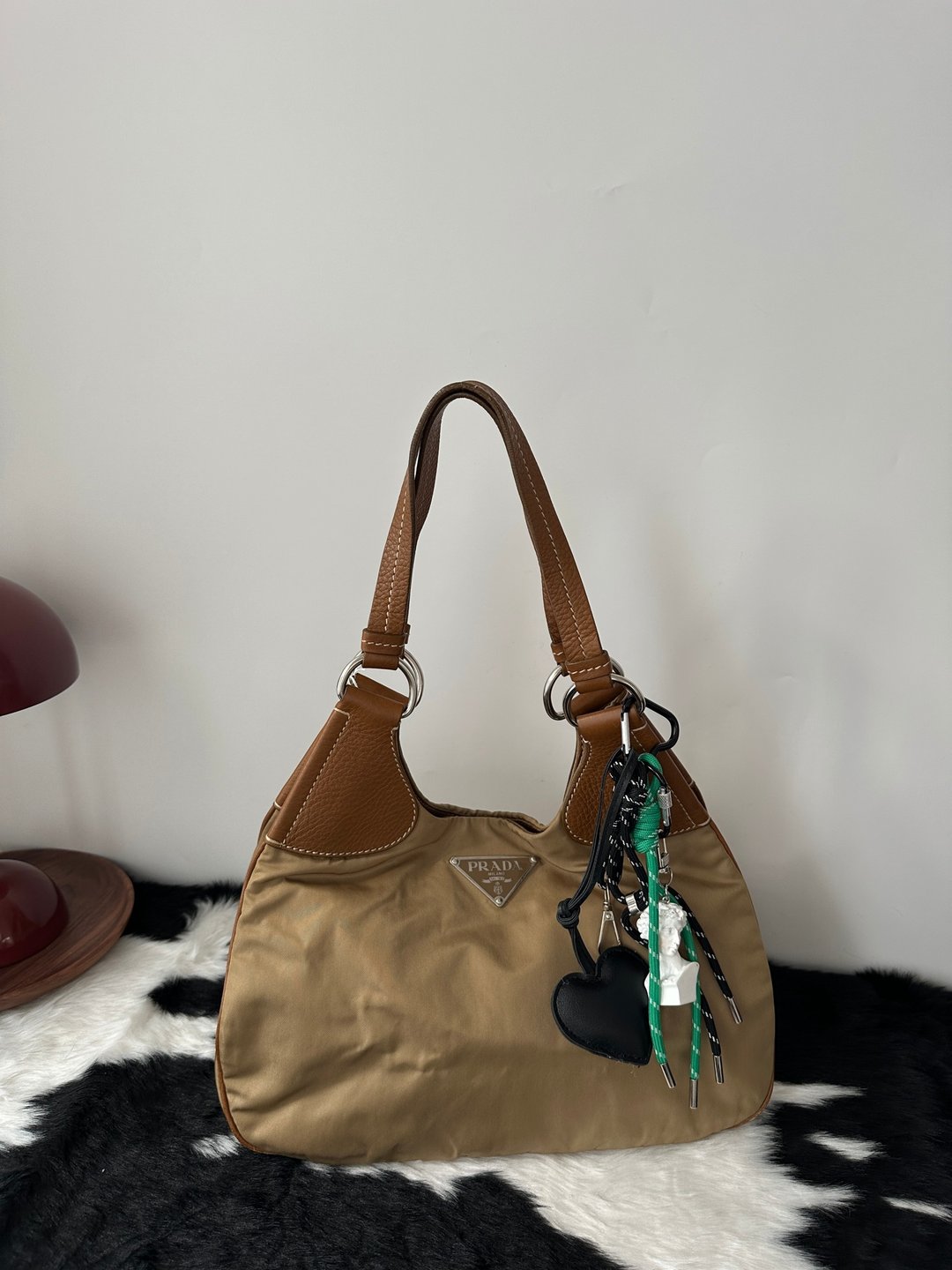 中古包 PRADA 普拉达 经典轻盈棕色 拼皮 尼龙肩背包 - 手提包/手提袋 - 尼龙 卡其色