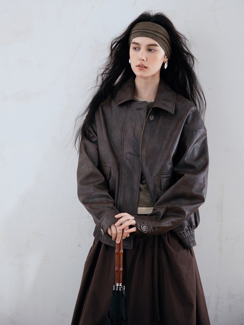 橡子灰棕 柔焦托卡 法式復古流浪老錢風翻領皮衣 短款皮外套夾克 - 女装休闲/机能外套 - 其他人造纤维 咖啡色