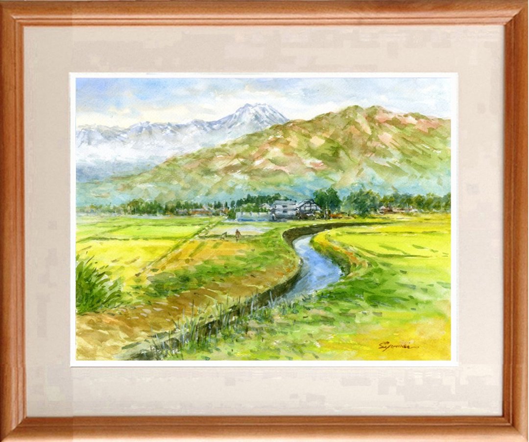Original watercolor painting Mt. Jonen and Azumino countryside - 海报/装饰画/版画 - 纸 绿色