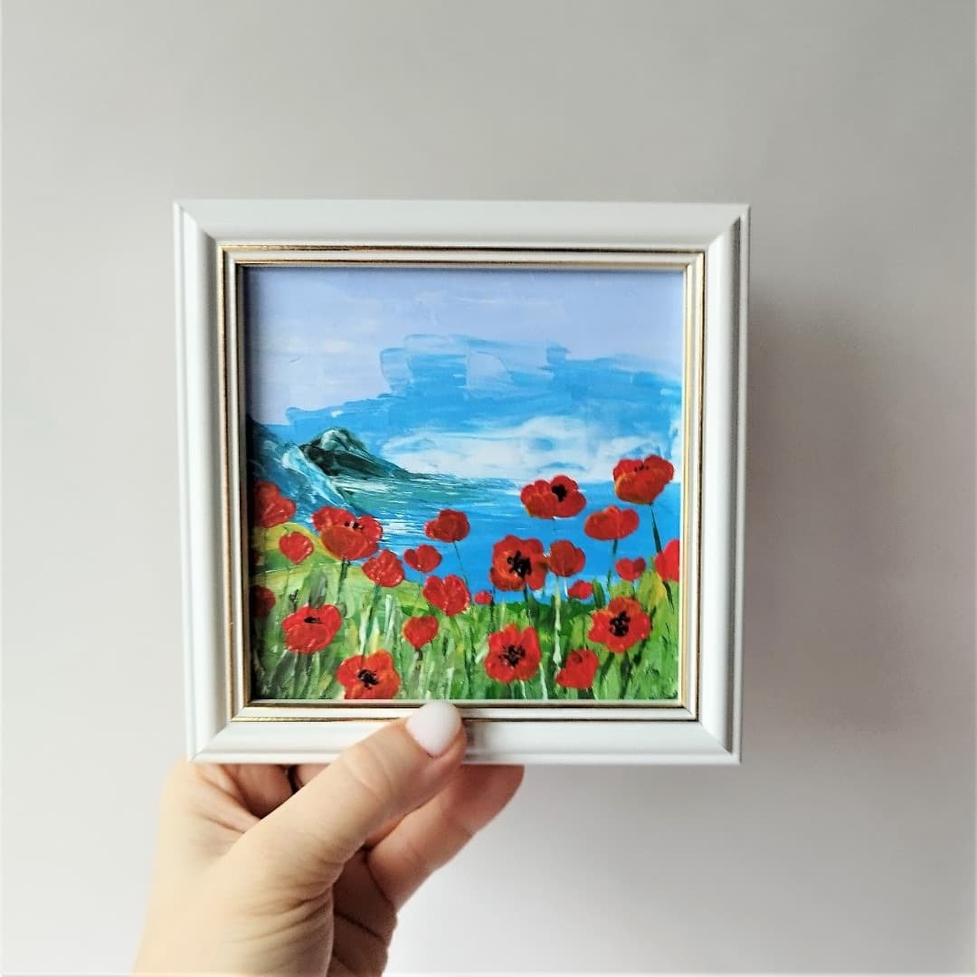 丙烯画与罂粟。用于墙面装饰的风景挂画。装饰画作为礼物 - 墙贴/壁贴 - 压克力 多色