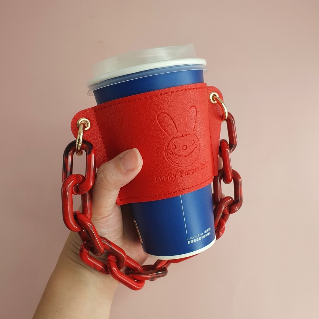 【幸运紫娃】时尚饮料提袋杯套－胭脂红 (皮革款) - 随行杯提袋/水壶袋 - 人造皮革 