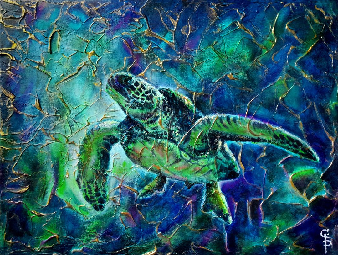 海龟画水下油画原创艺术品抽像海洋生物画布艺术 - 墙贴/壁贴 - 其他材质 蓝色