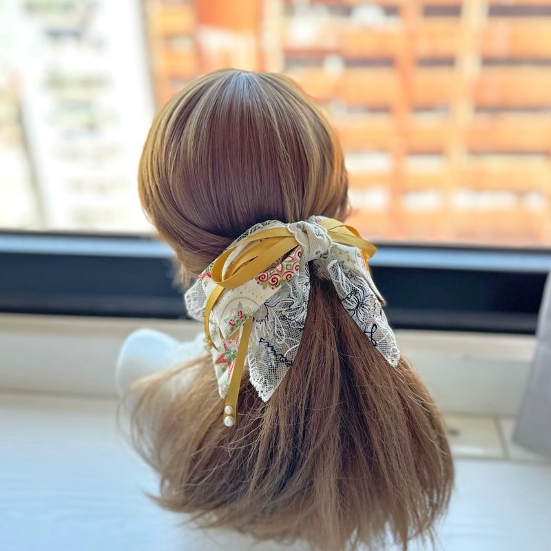棉布蝴蝶结蕾丝鲨鱼夹抓夹相交夹发夹发饰头饰-金色圣诞 - 发饰 - 其他材质 黄色