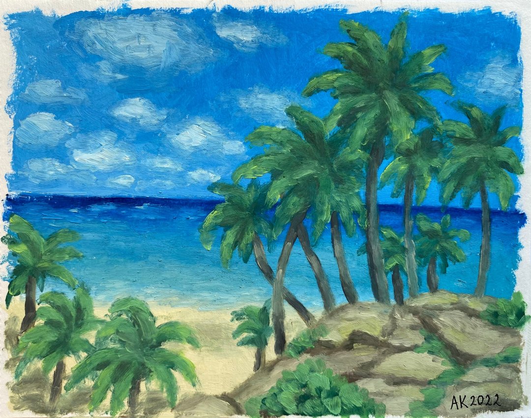 棕榈树岛油画，海滩风景，自然艺术，海洋插画， - 墙贴/壁贴 - 其他材质 蓝色
